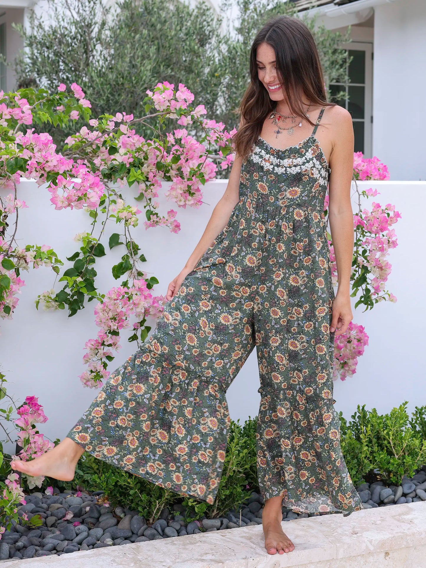 Harley Embroidered Jumpsuit - Green Sunflower Butterflies