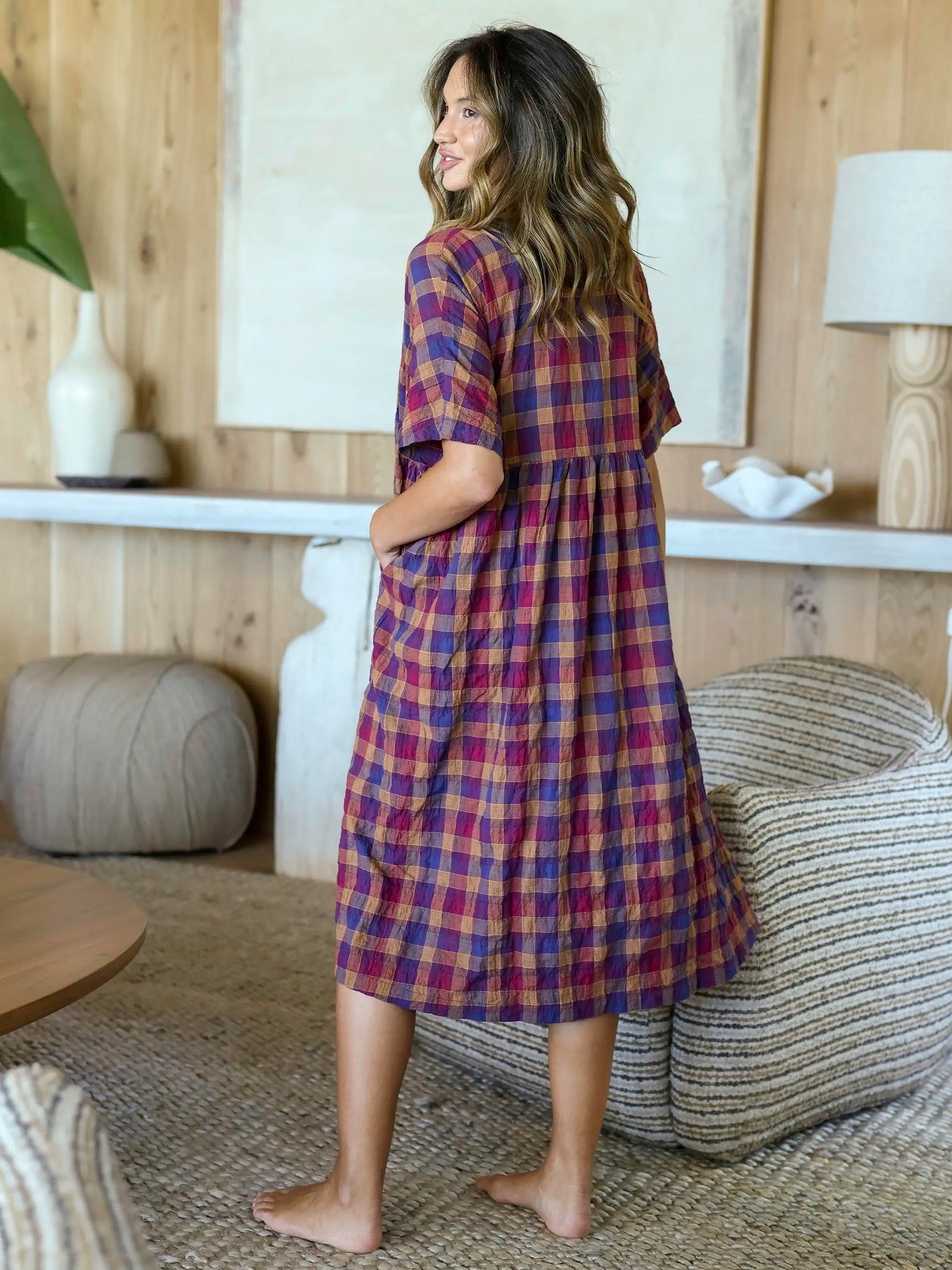 Leona Midi Dress - Plaid Plum Mustard