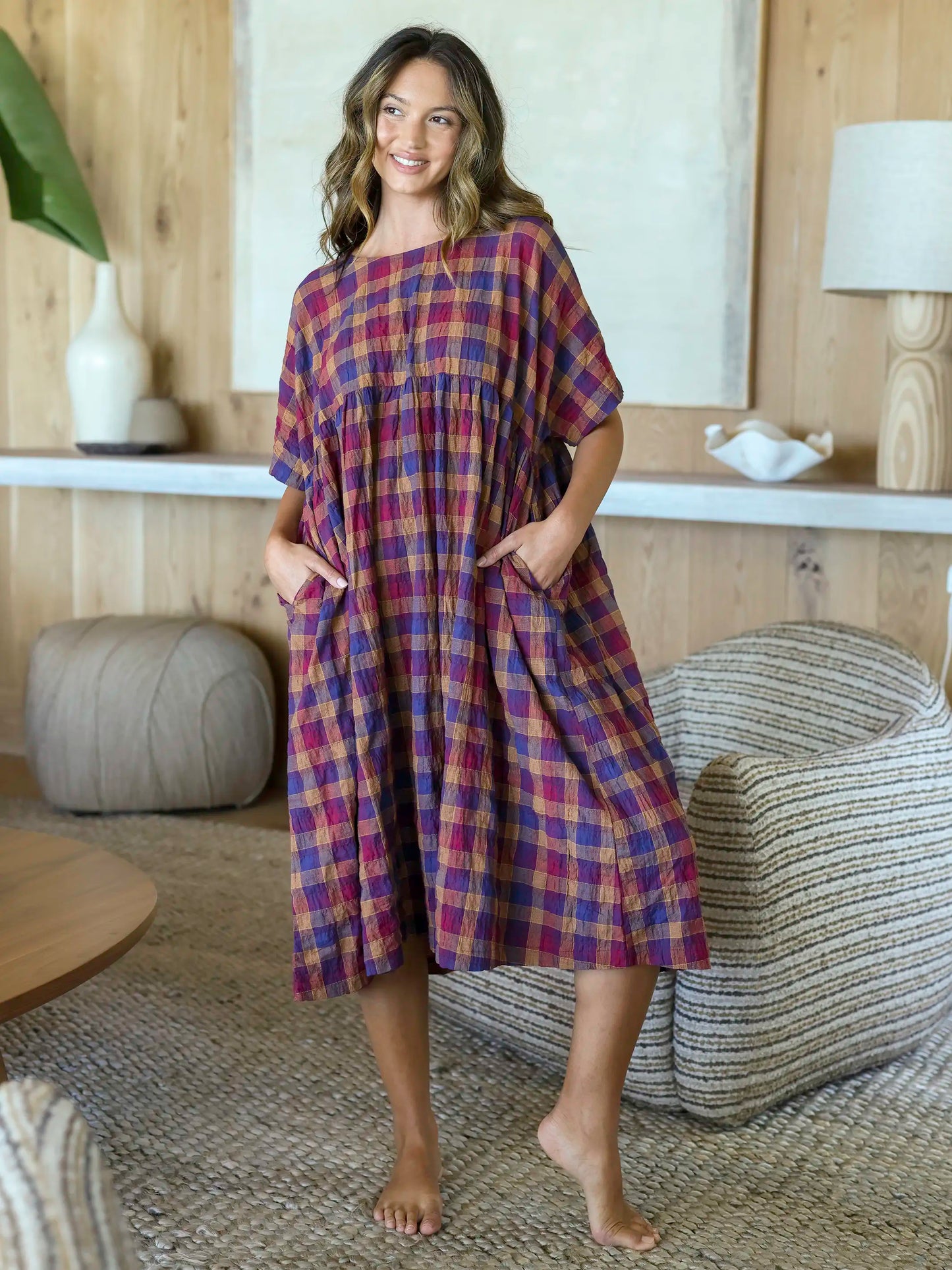 Leona Midi Dress - Plaid Plum Mustard