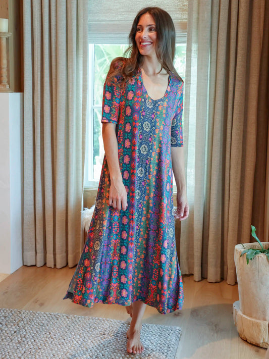 All Day "ButterSoft" Tee Dress - Navy Floral Stripes