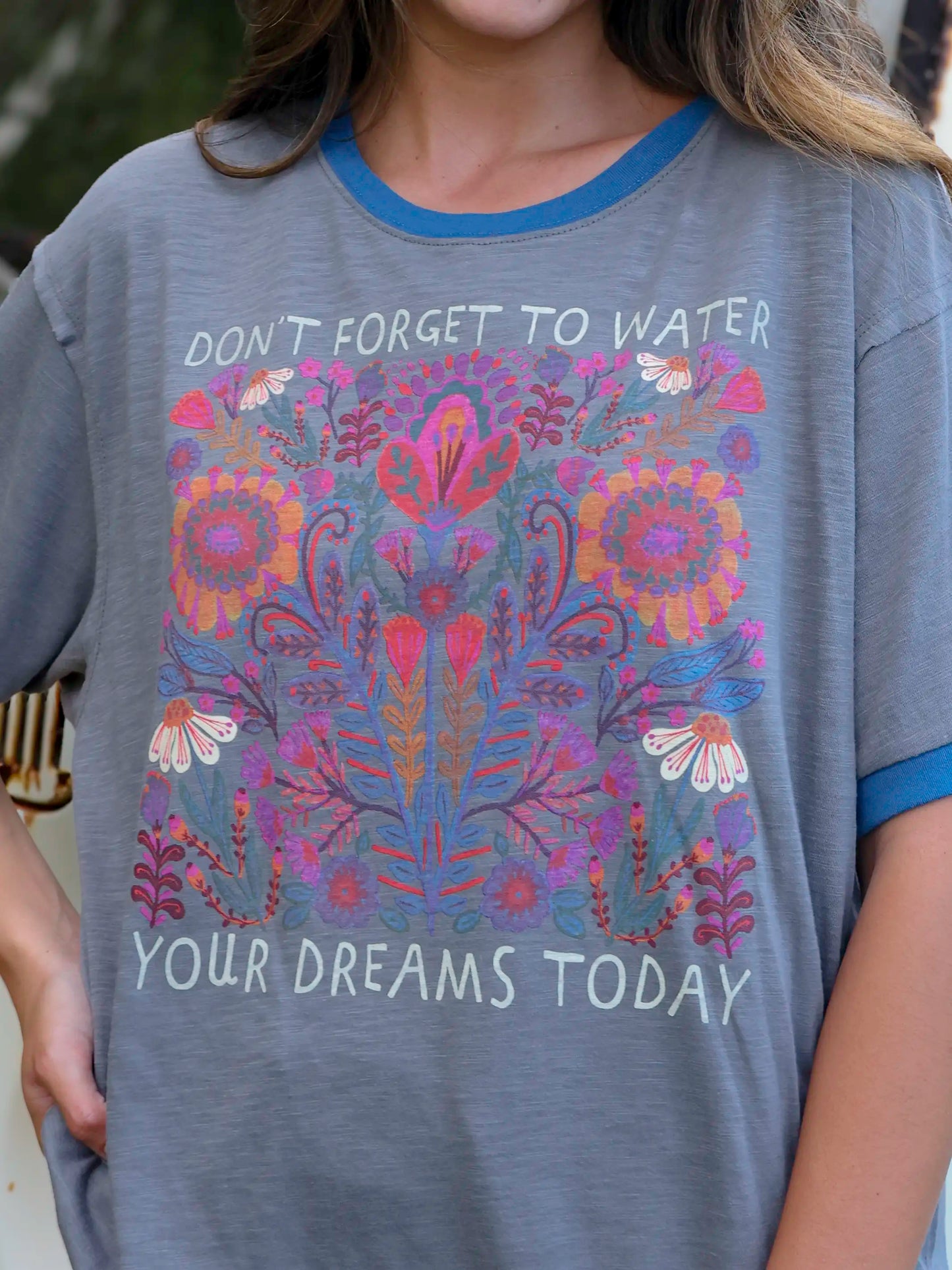 Ringer Oversized Tee Shirt - Water Your Dreams