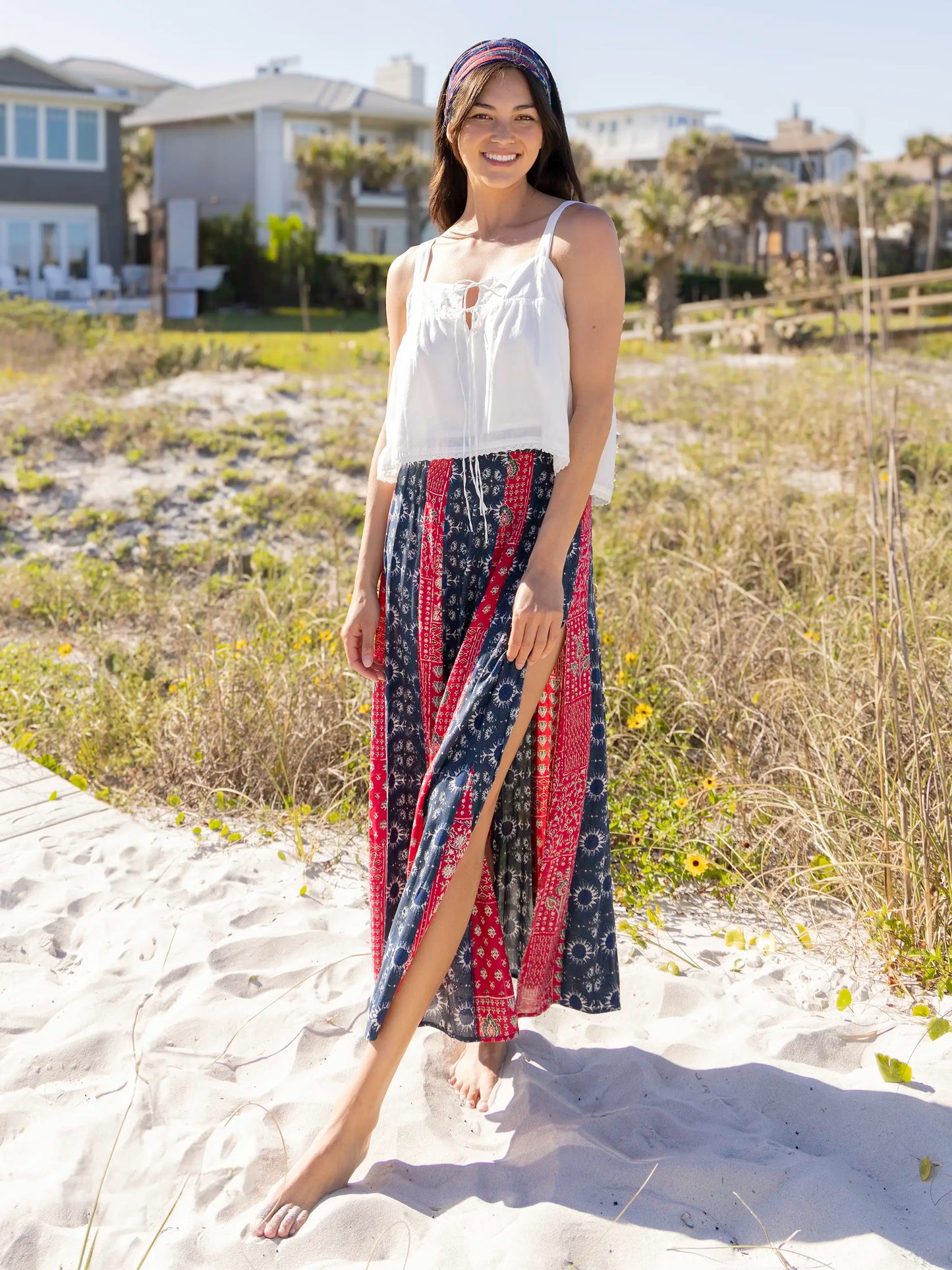 Mix It Up Maxi Skirt - Navy Red Mixed Print