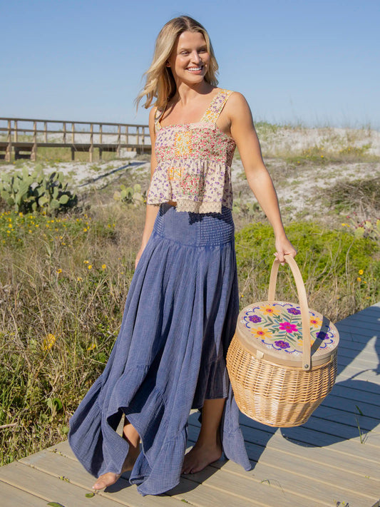 Feelin' Alive Convertible Midi Skirt - Blue Cotton