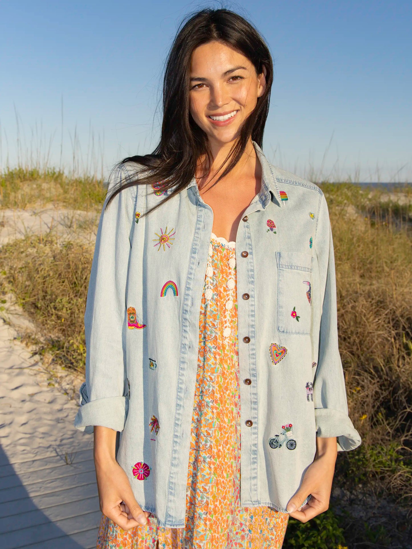 Fave Little Things Embroidered Shirt - Light Wash Denim