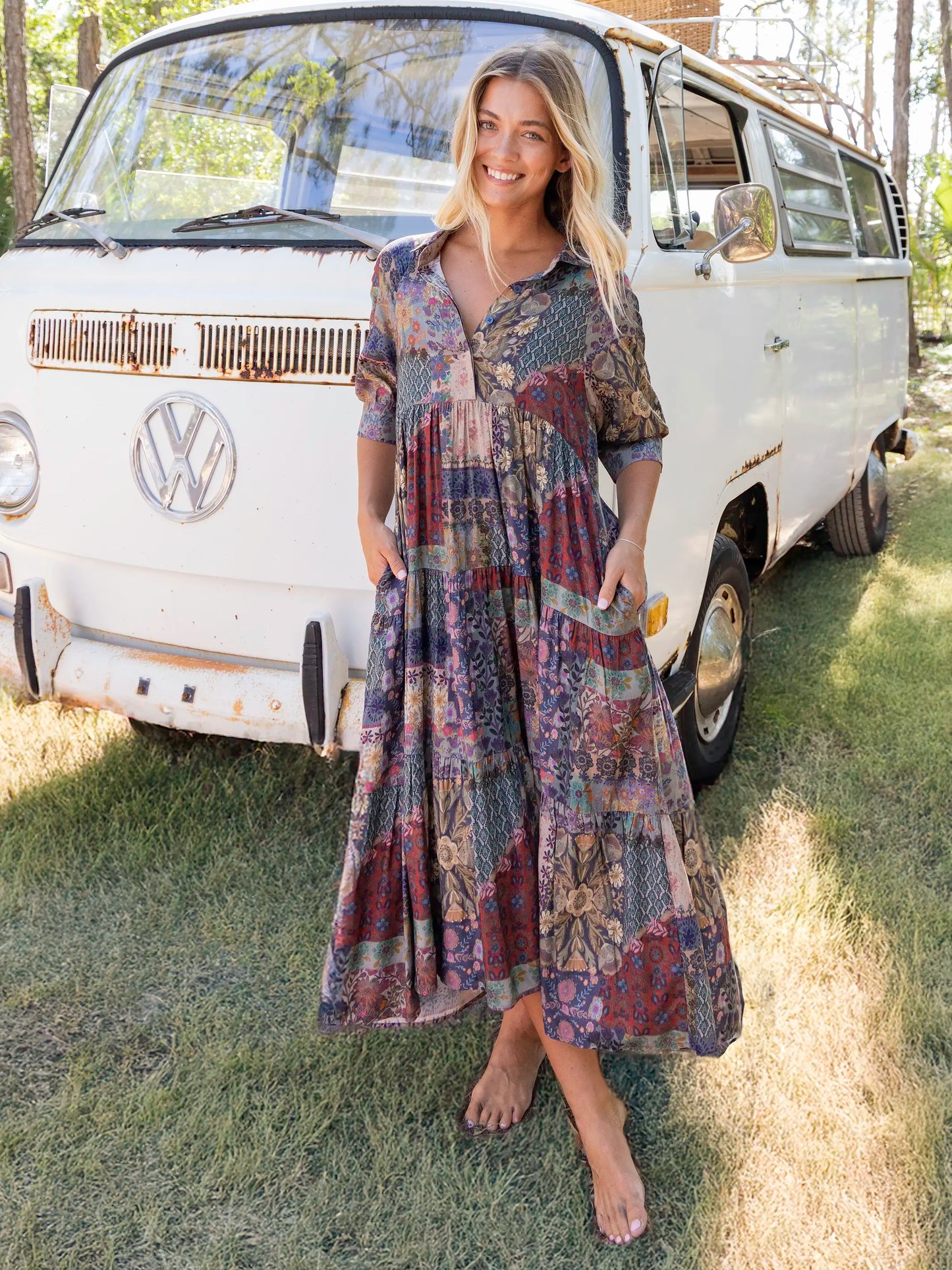 Rebecca Midi Dress - Blue Patchwork