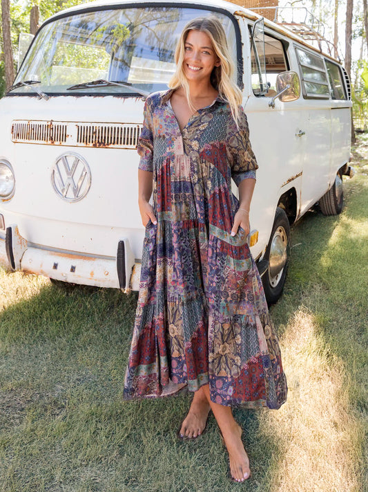 Rebecca Midi Dress - Blue Patchwork