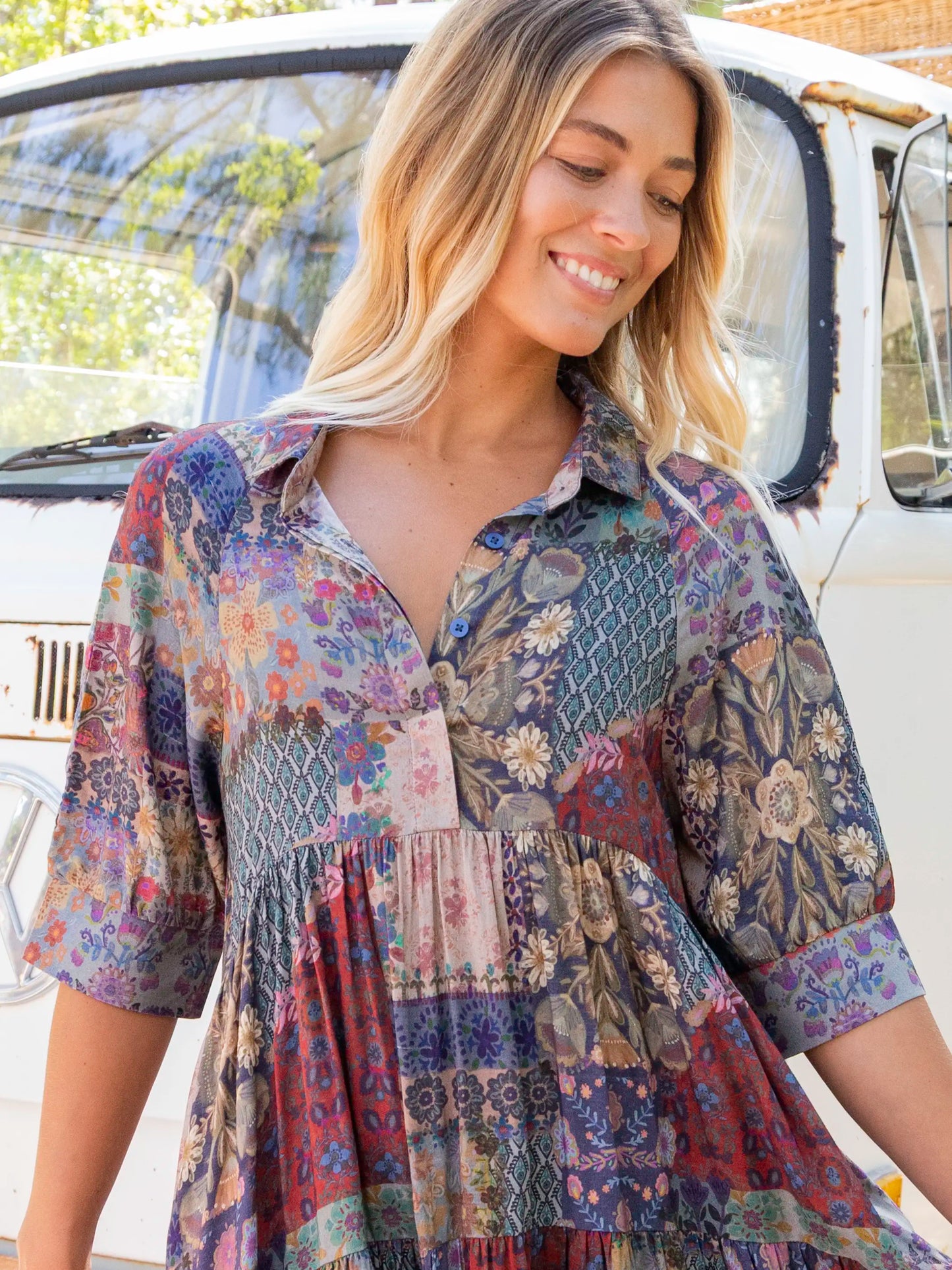 Rebecca Midi Dress - Blue Patchwork