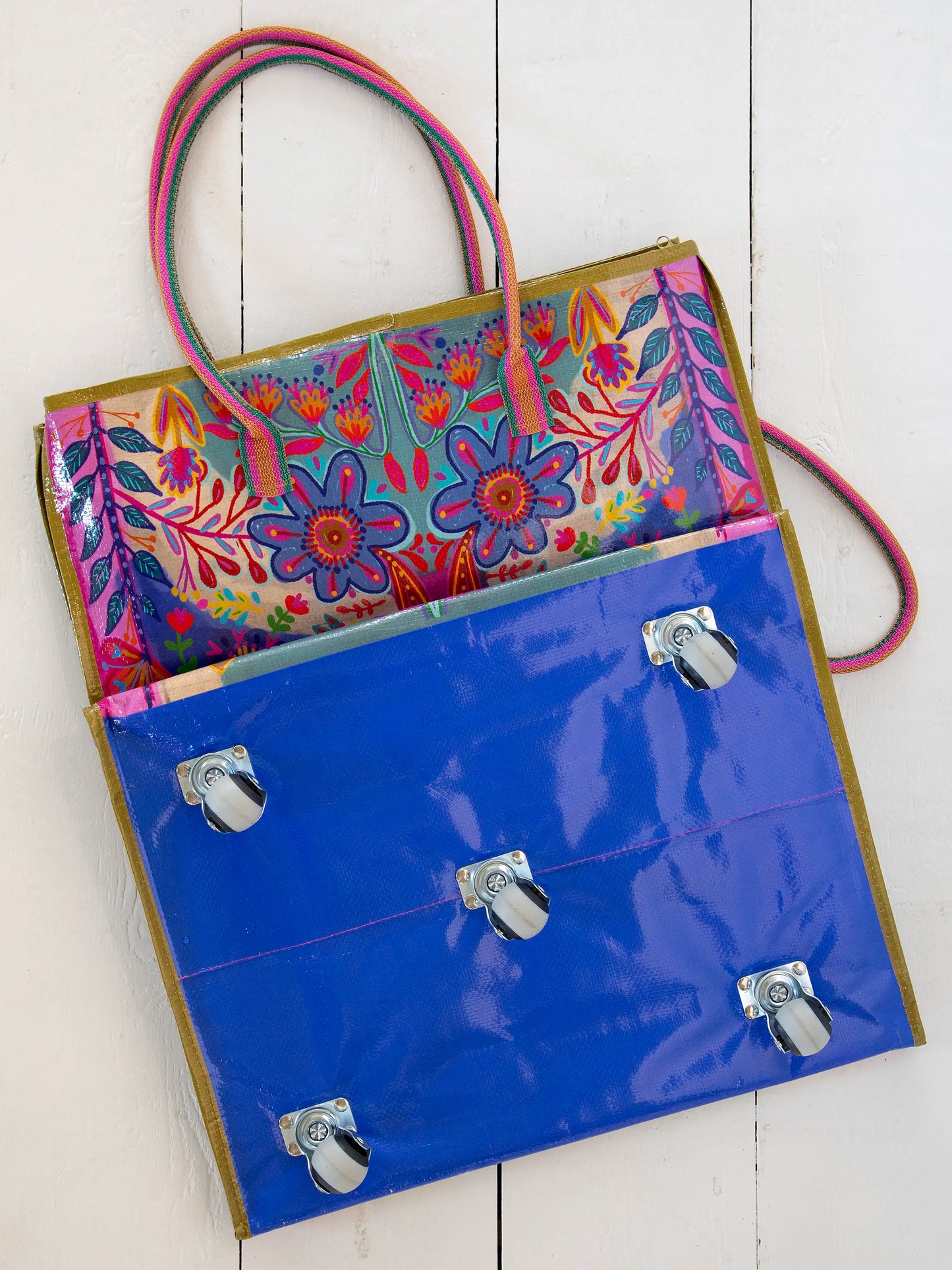 Rolling Tote Bag - XL Royal Blue Folk Flower