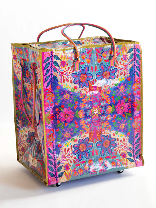 Rolling Tote Bag - XL Royal Blue Folk Flower
