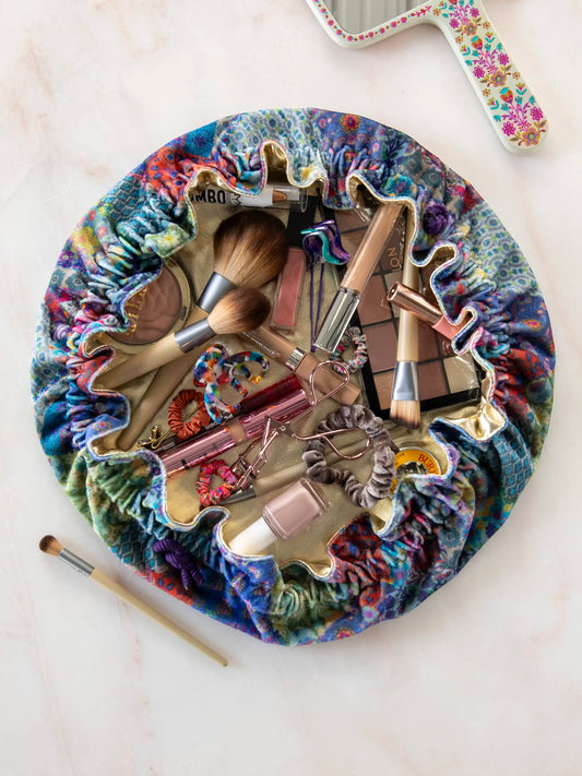 Drawstring Velvet Cosmetic Pouch - Blue Patchwork
