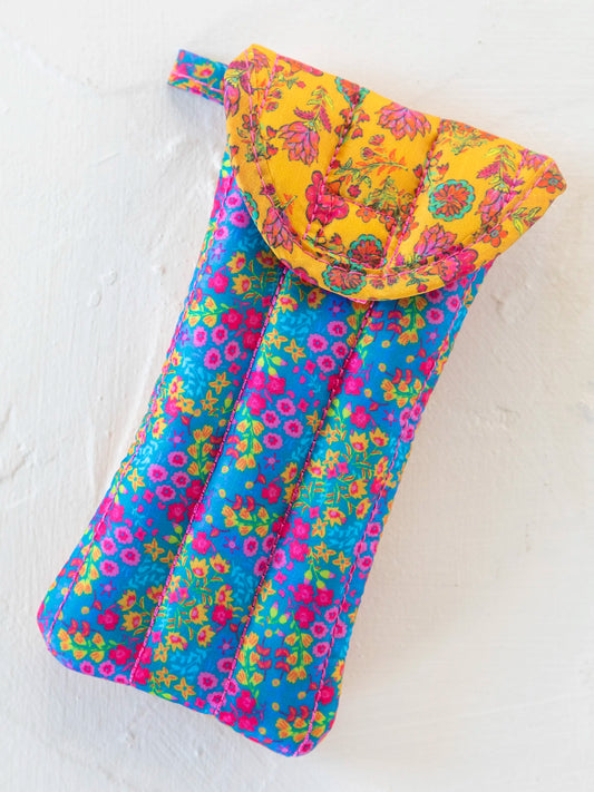 Puffy Glasses Case - Neon Turquoise Floral