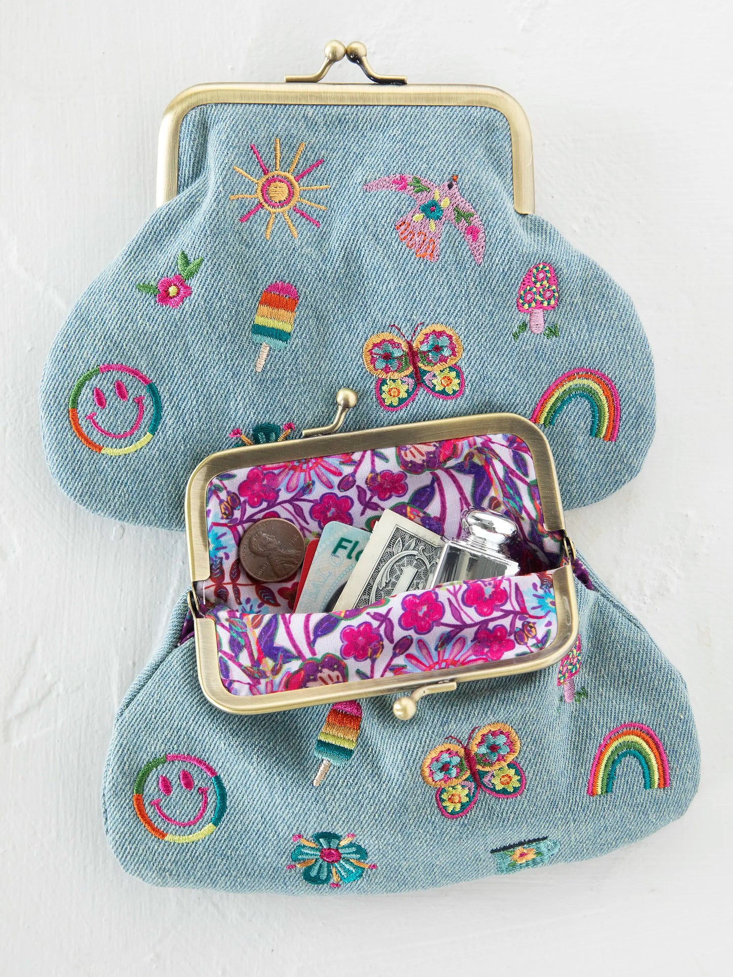 Embroidered Kisslock Coin Purse - Denim