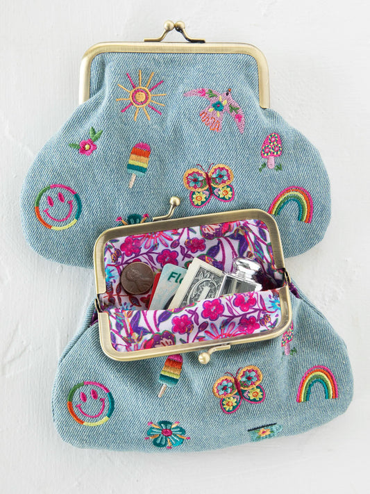 Embroidered Kisslock Coin Purse - Denim