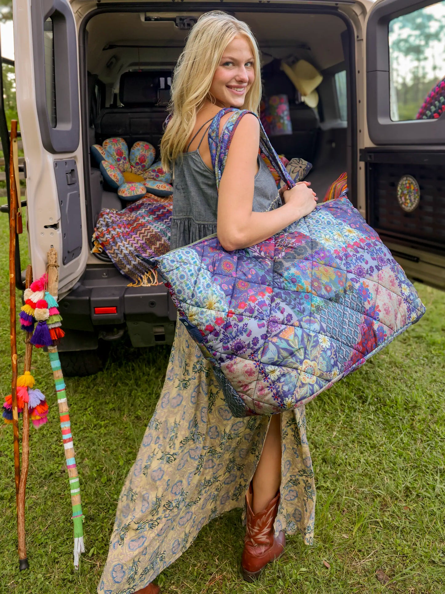 Puffy Weekender Bag - Blue Patchwork