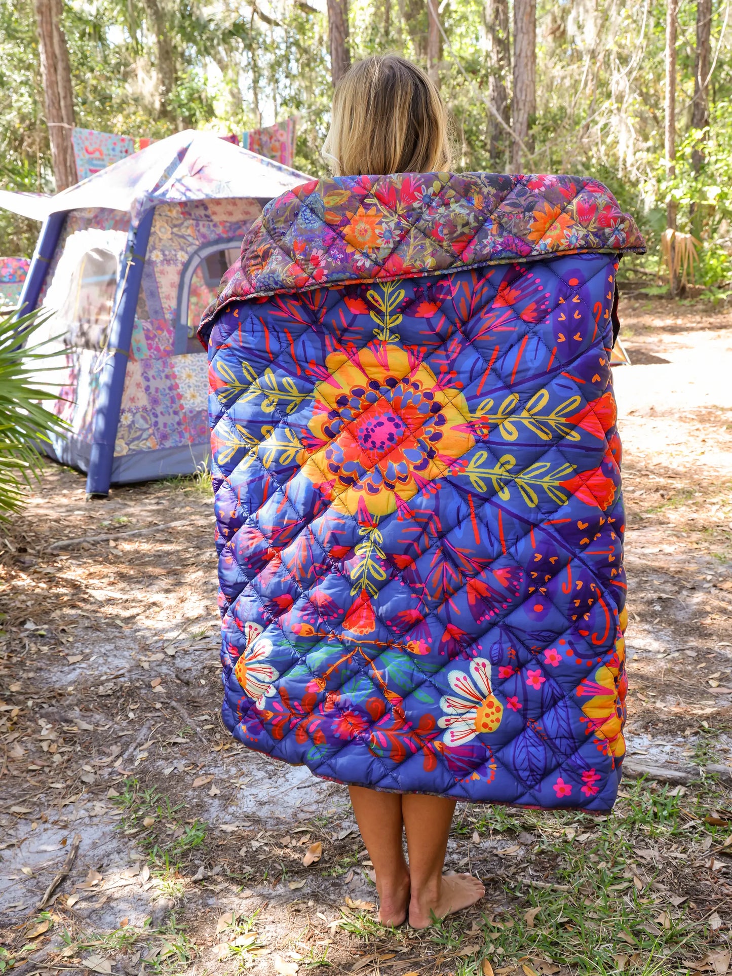 Puffy Outdoor Blanket - Dark Floral Garden