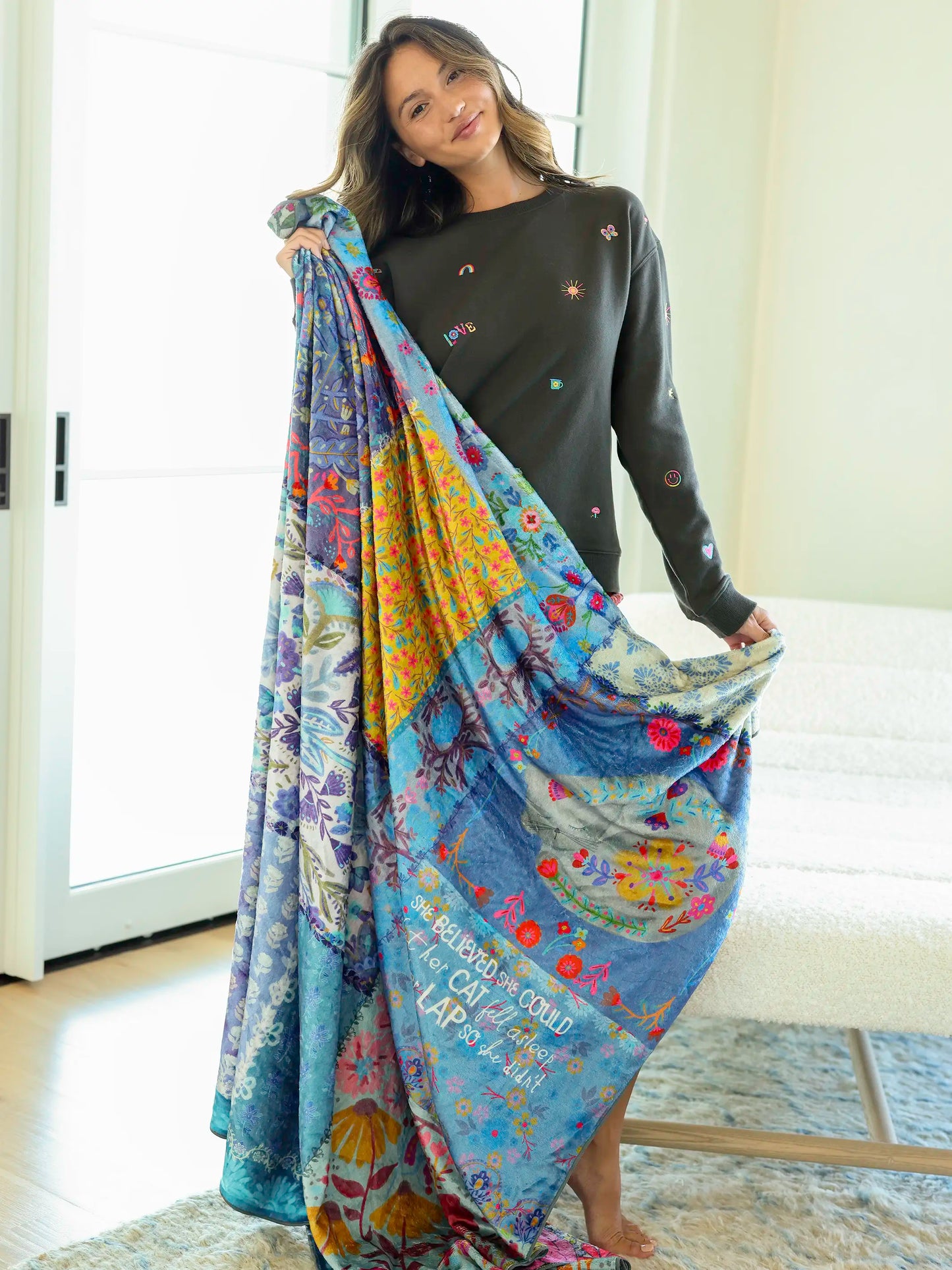 Double-Sided Cozy Throw Blanket - Teal Cat