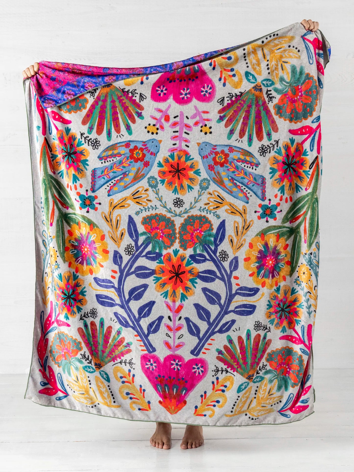 Double-Sided Cozy Throw Blanket - Taupe Birds