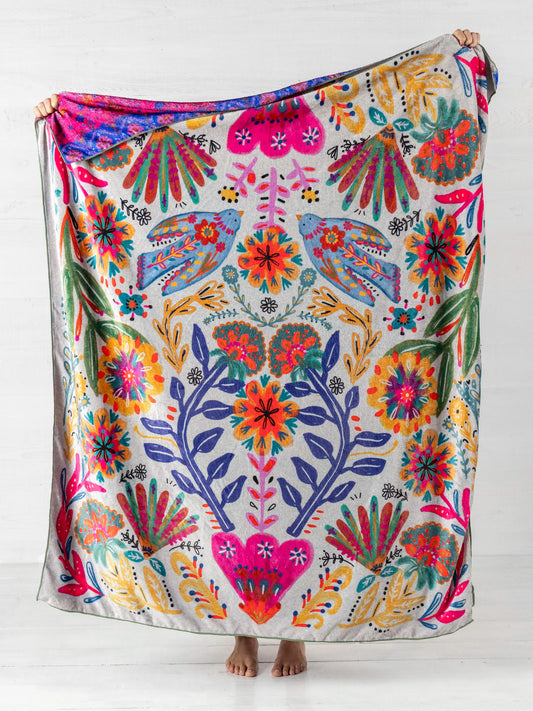 Double-Sided Cozy Throw Blanket - Taupe Birds