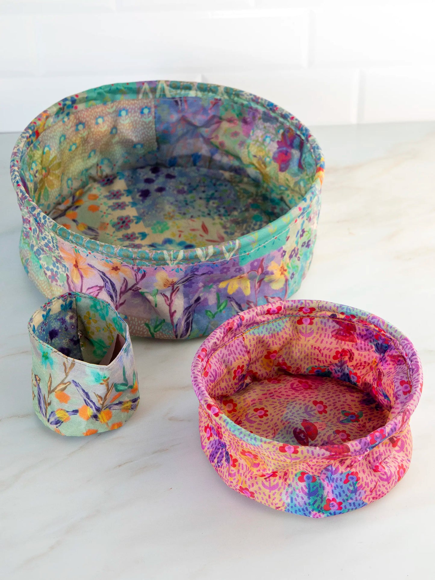 Mini Collapsible Storage Bins, Set of 3 - Taupe Watercolor Patchwork