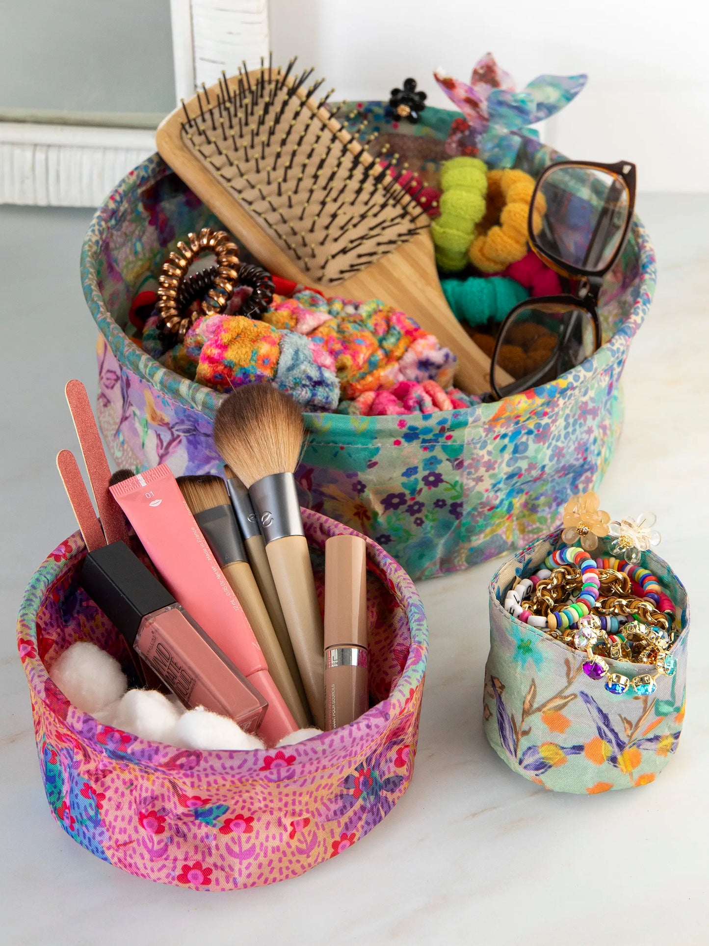 Mini Collapsible Storage Bins, Set of 3 - Taupe Watercolor Patchwork