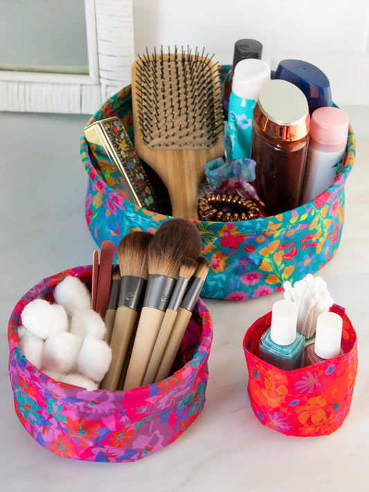 Mini Collapsible Storage Bins, Set of 3 - Turquoise Pink Floral