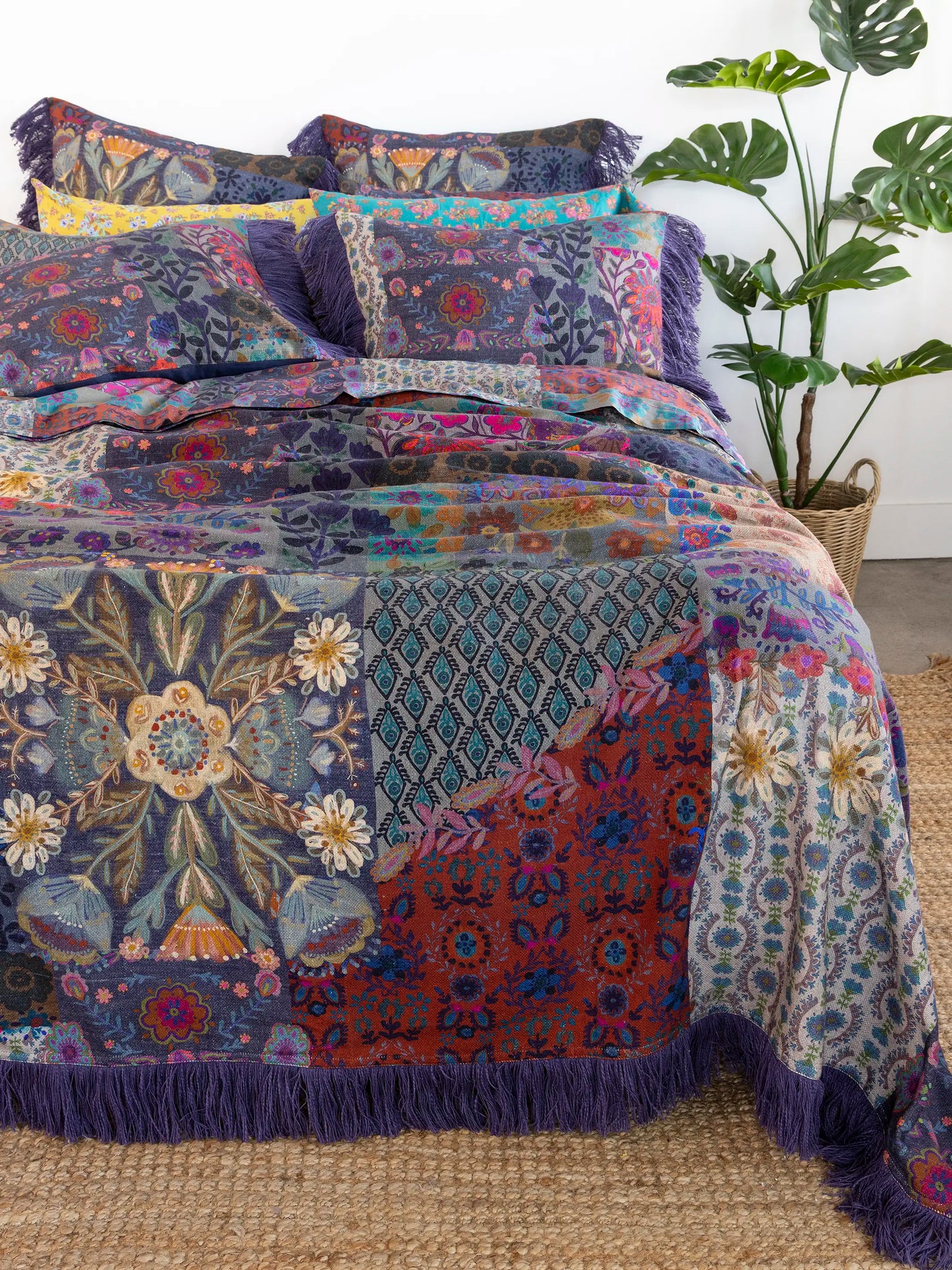 Boho Fringe Shams, Set of 2 - Blue Patchwork