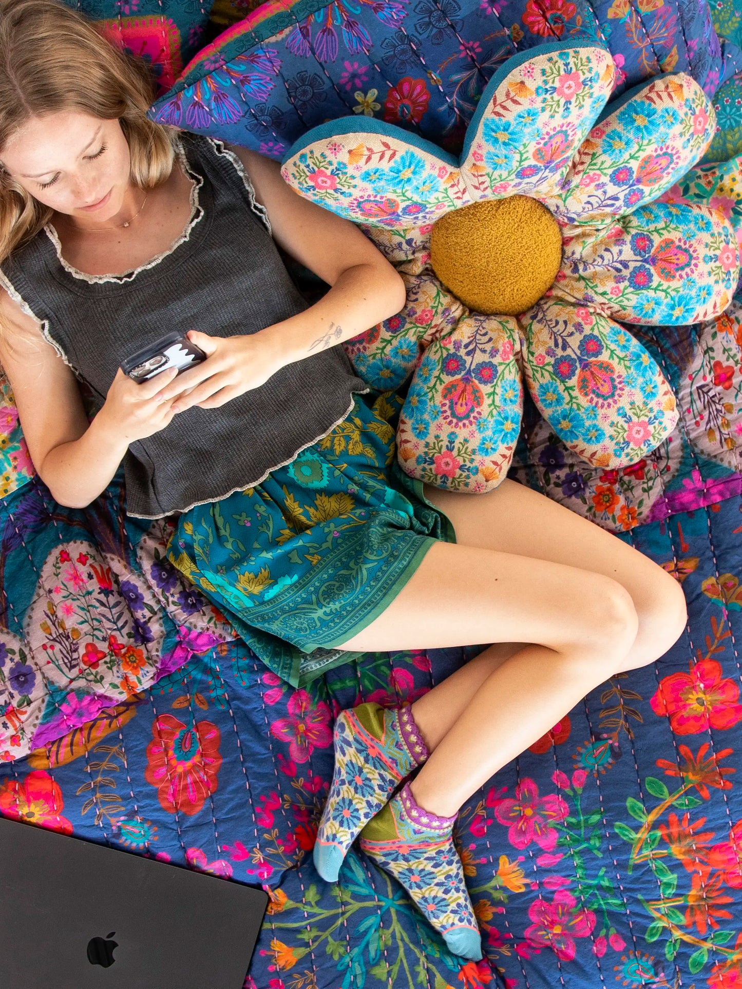 Boho Cotton Flower Cushion - Cream Folk Flower