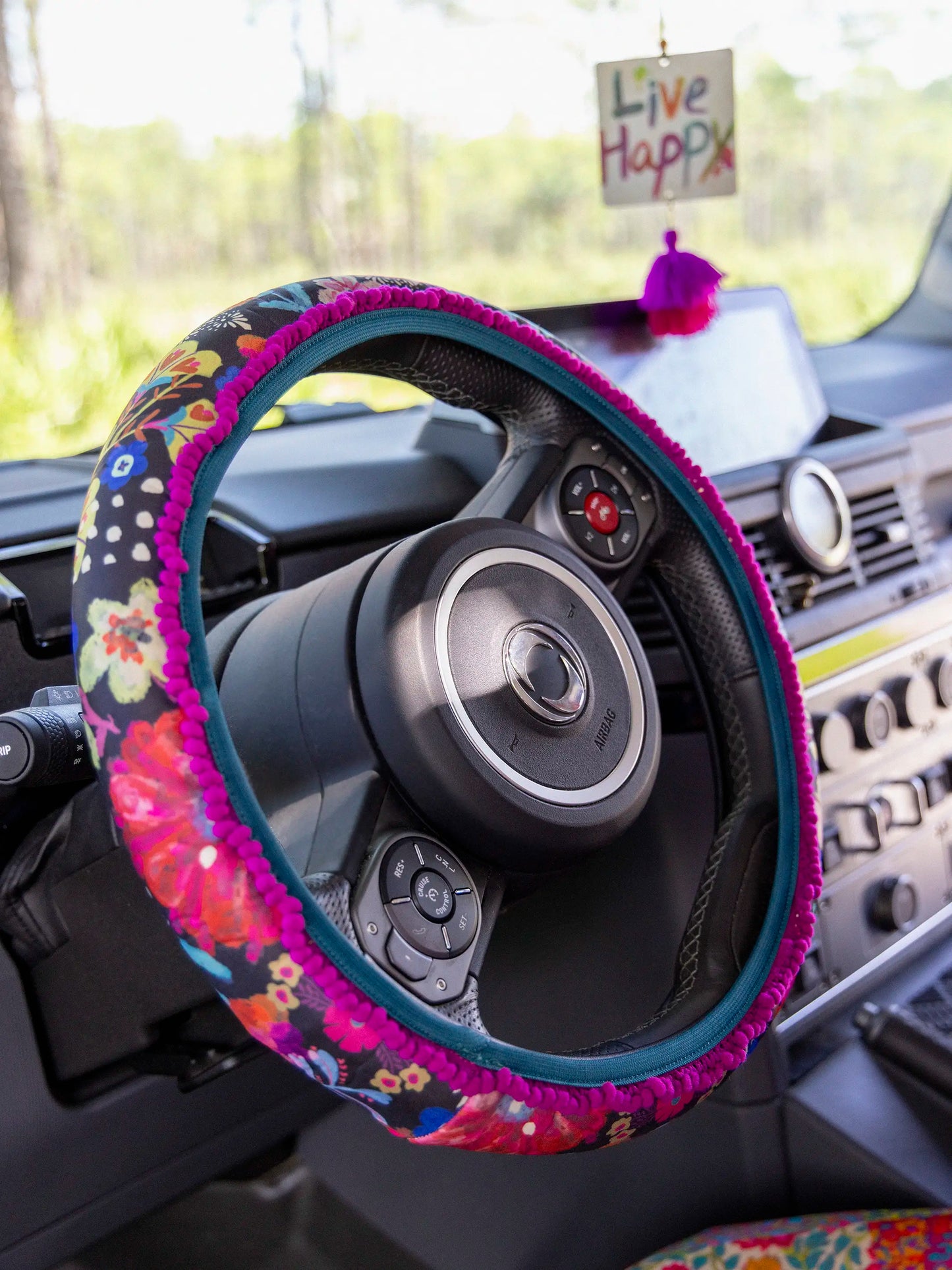 Steering Wheel Cover, 15" - Black Floral