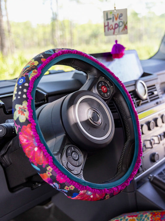 Steering Wheel Cover, 15" - Black Floral