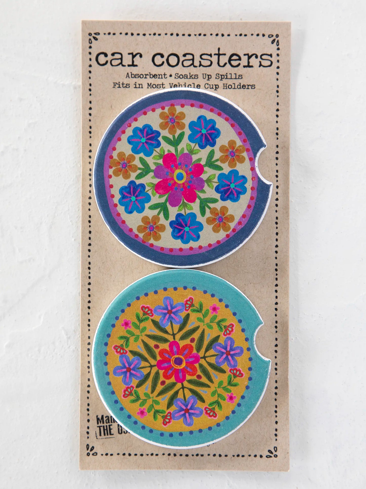 Car Coasters, Set of 2 - Mustard Folk Flower
