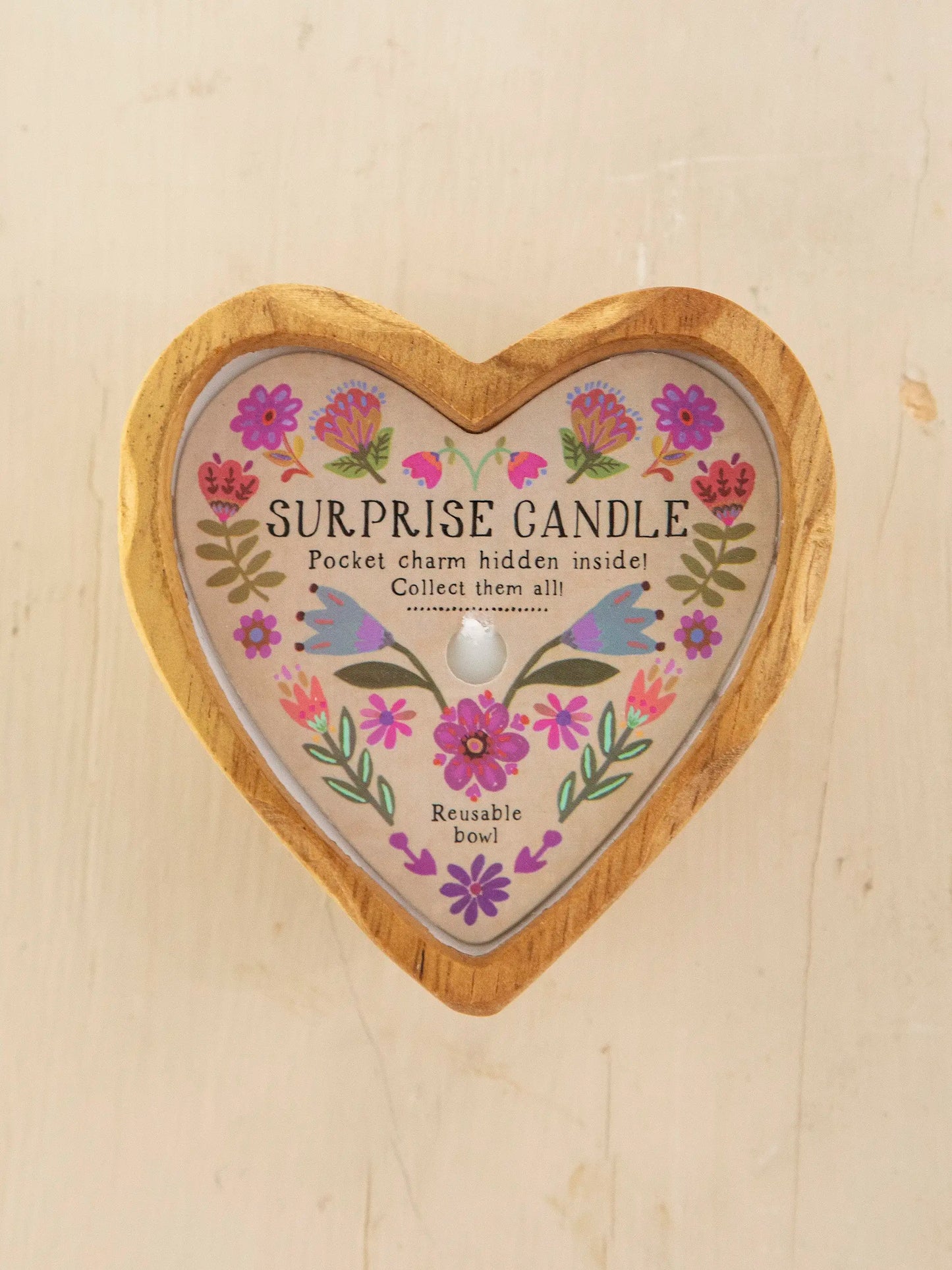 Wooden Heart Surprise Candle - Folk Flower