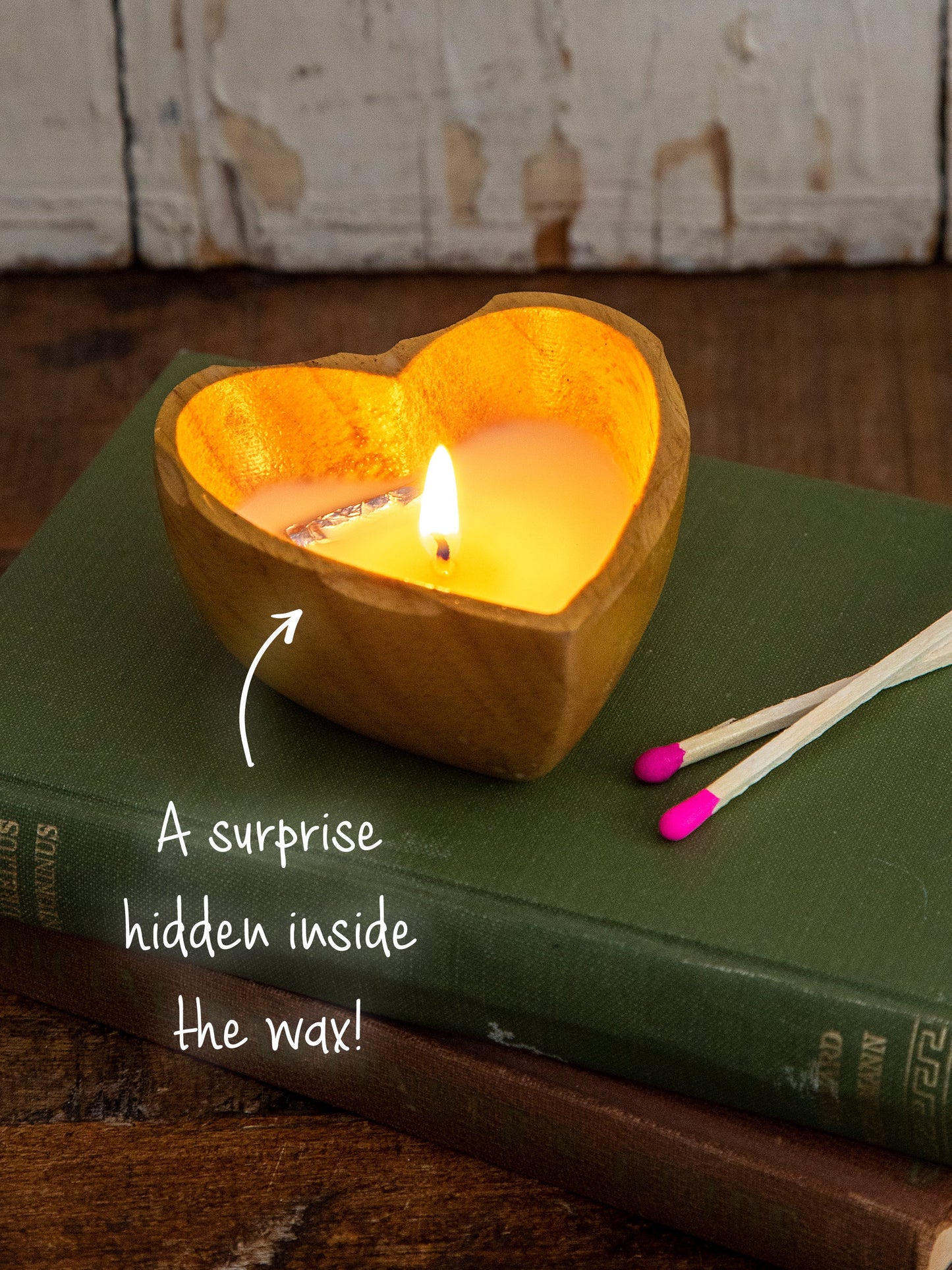 Wooden Heart Surprise Candle - Folk Flower