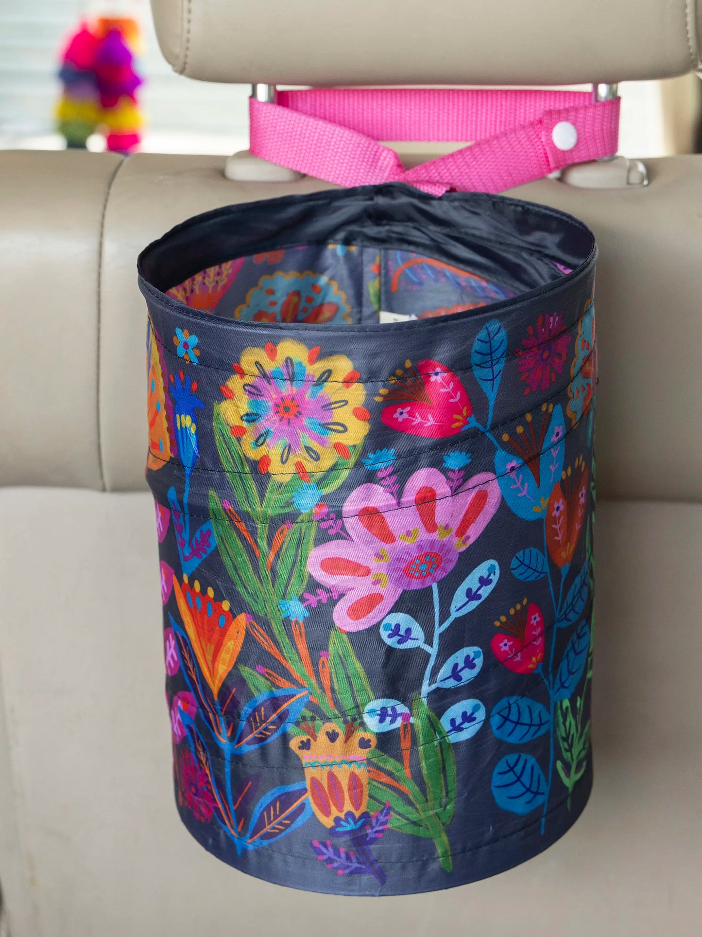 Pop-Up Car Trash Can - Navy Folk Flower