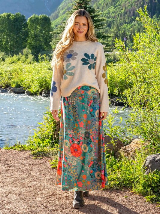 Live-In-It Knit "ButterSoft" Maxi Skirt - Dusty Blue Garden