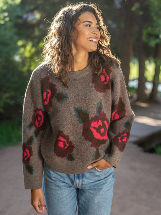 Rosie Reversible Jacquard Pullover Sweater - Stone Grey Rose