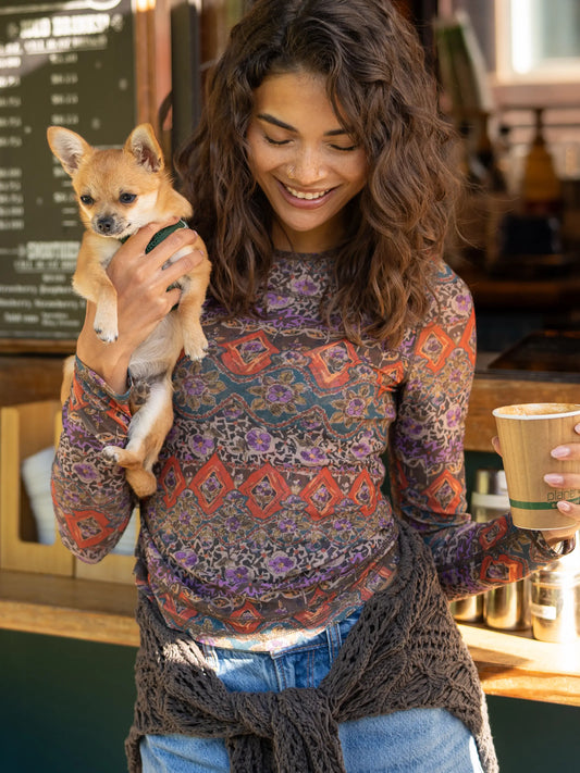 Sloane Mesh Long Sleeve Top - Brown Tuscany Border