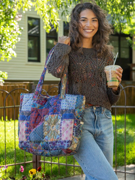 Reversible Puffy Tote Bag - Large Blue Patchwork