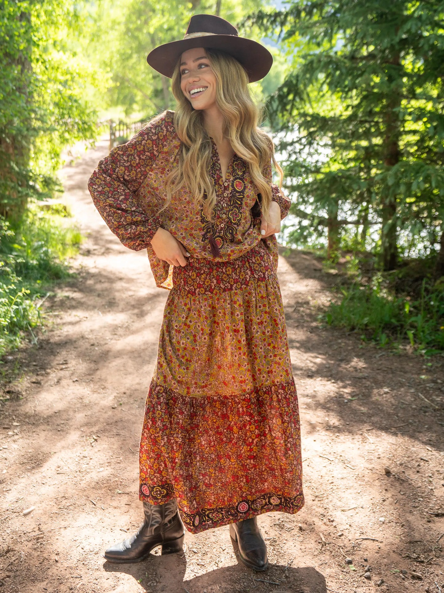 Camille Embroidered Maxi Skirt - Stemmed Daisies Wine