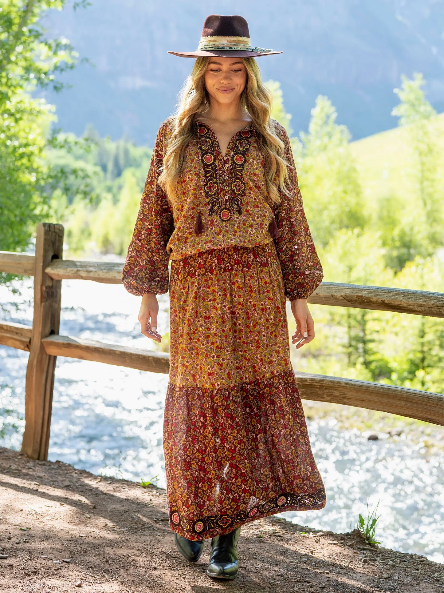 Camille Embroidered Maxi Skirt - Stemmed Daisies Wine