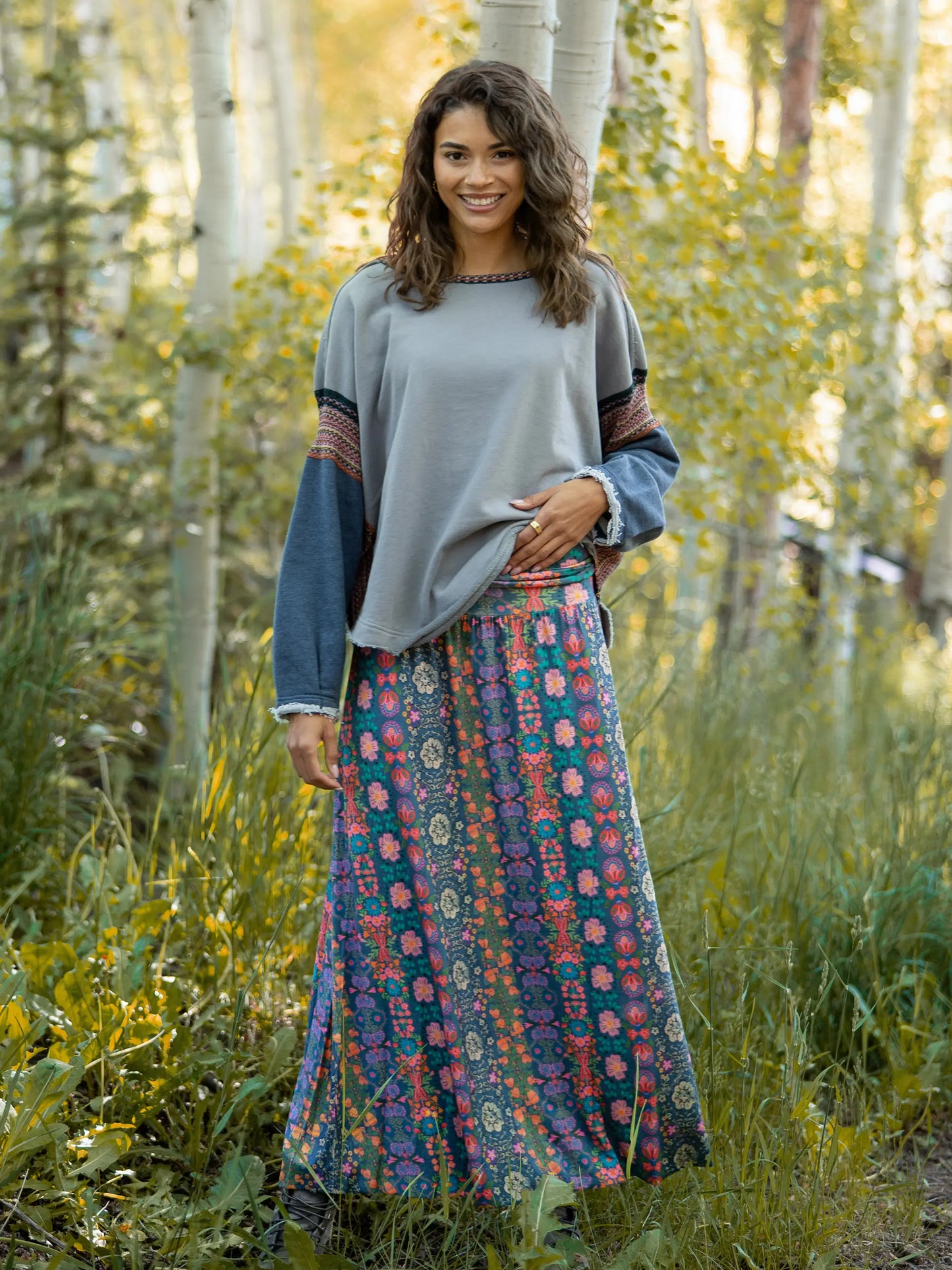 Live-In-It Knit "ButterSoft" Maxi Skirt - Twilight Blooms