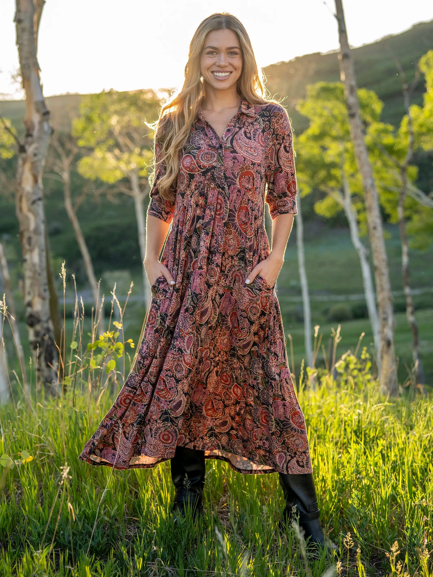 Rebecca "ButterSoft" Midi Dress - Black Sketched Paisley