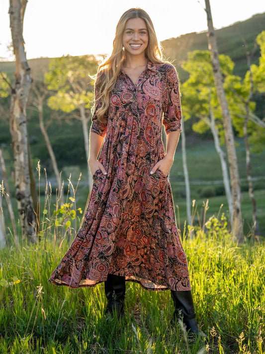 Rebecca "ButterSoft" Midi Dress - Black Sketched Paisley