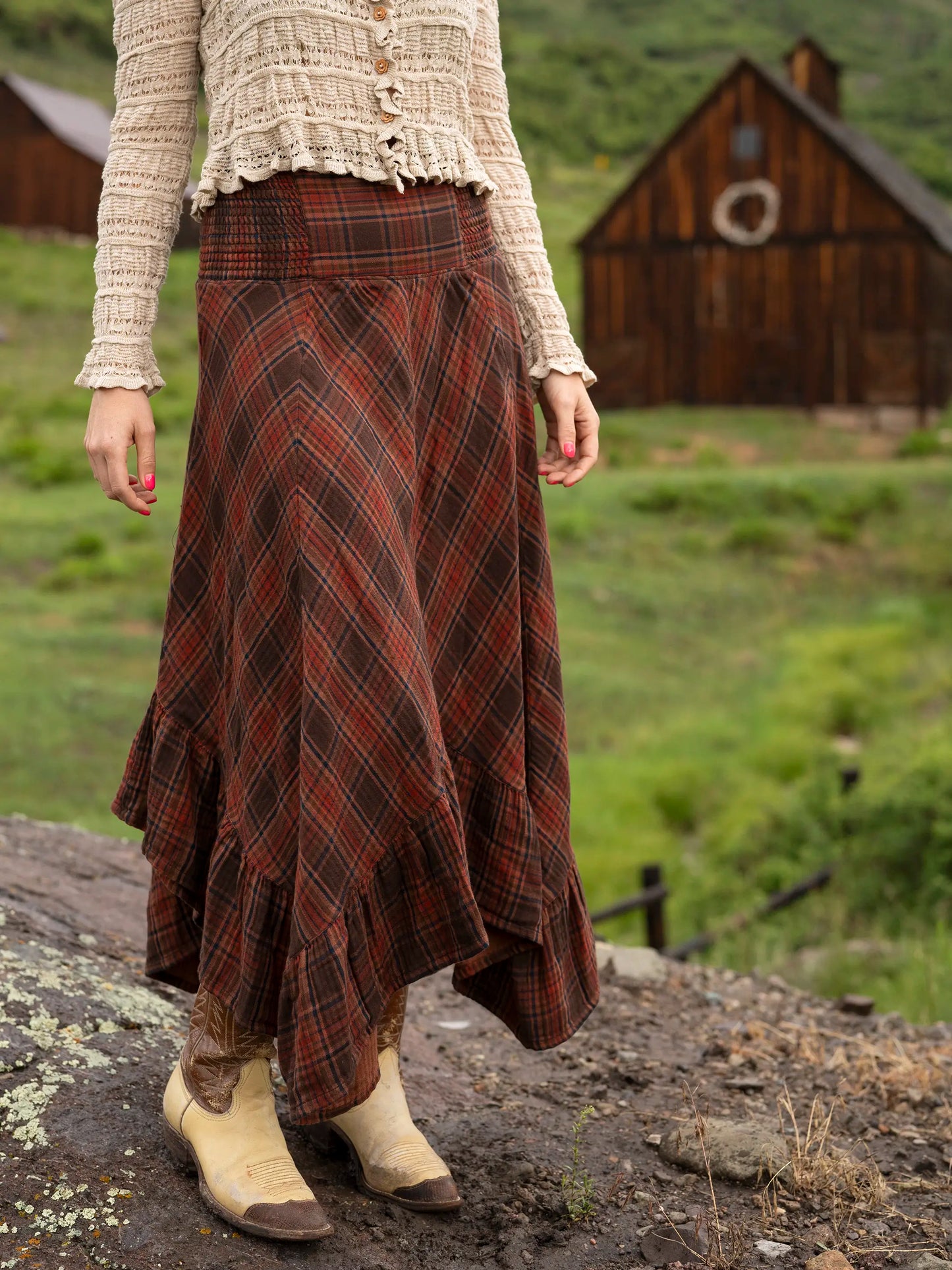 Feelin' Alive Convertible Midi Skirt - Rust Plaid Cotton