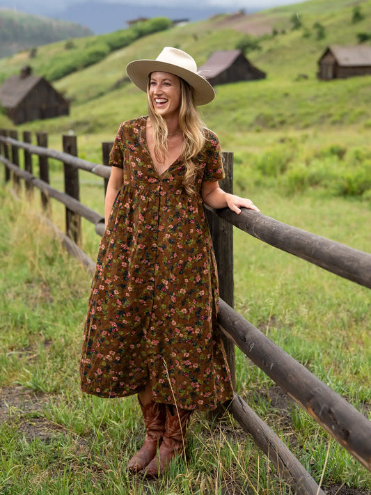 Avery Corduroy Midi Dress - Brown Floral Bouquets