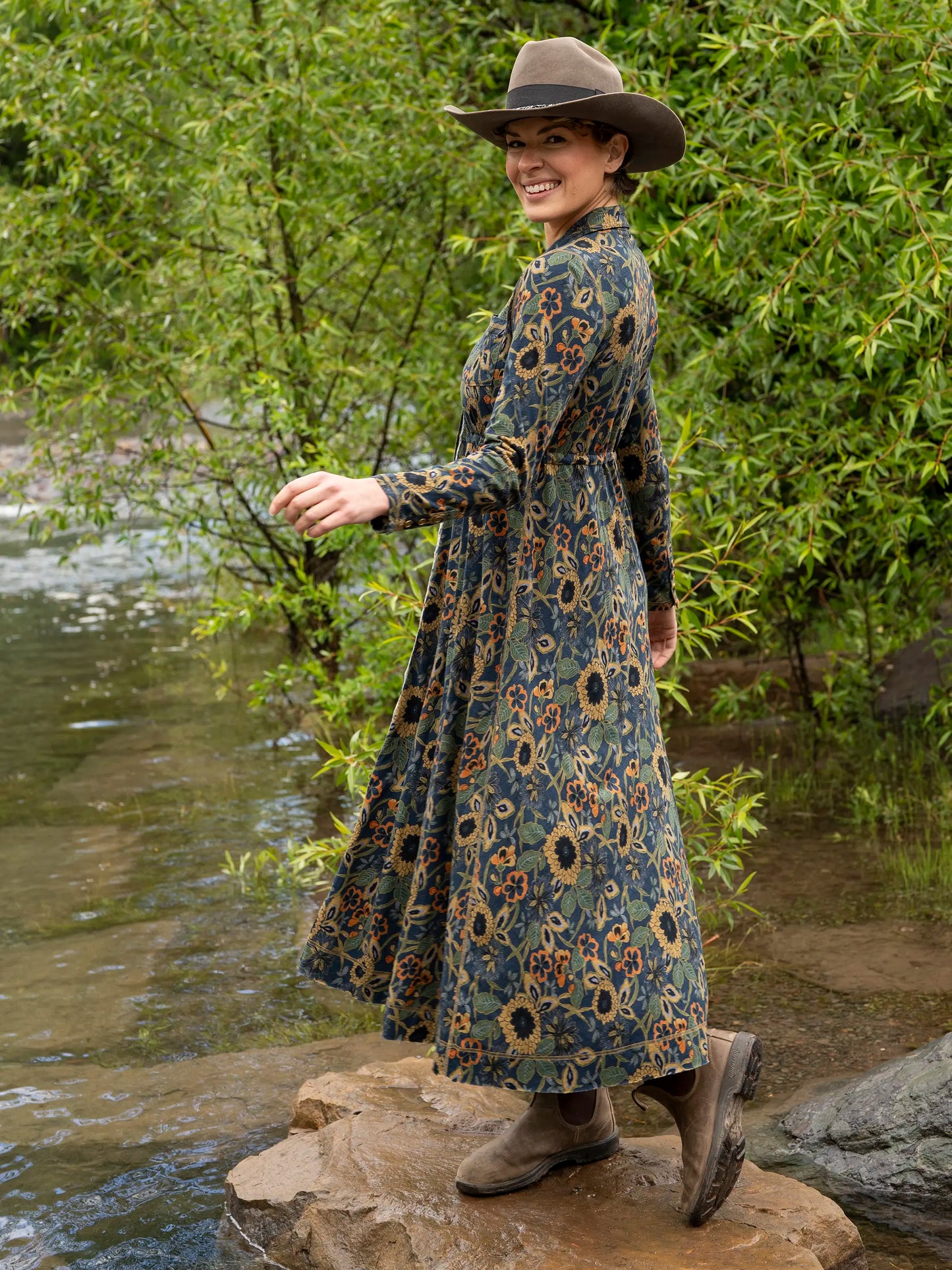 Christa Knit Cotton Maxi Dress - Navy Tan Dahlias