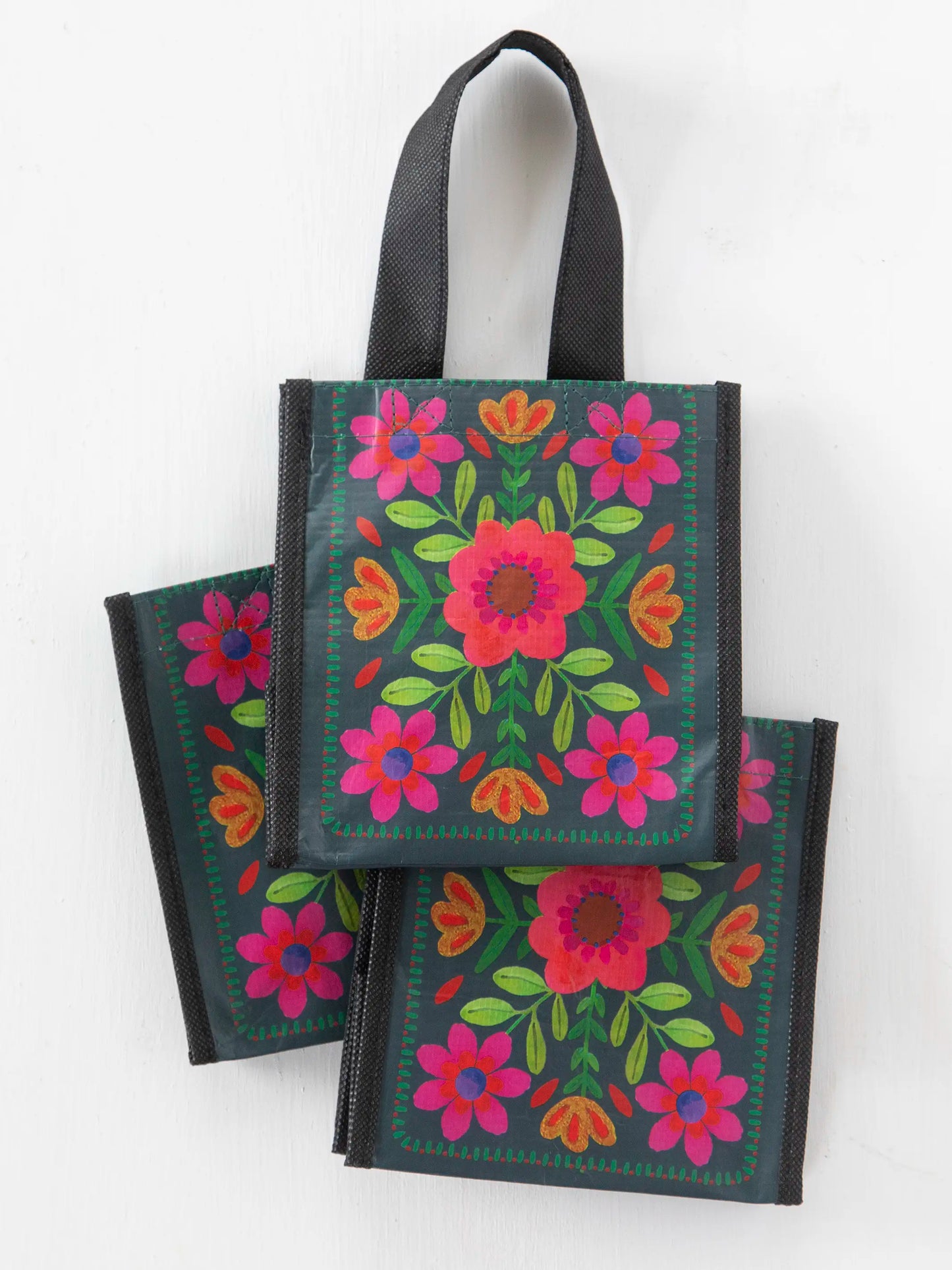 Small Happy Bag, Set of 3 - Dark Teal Flower