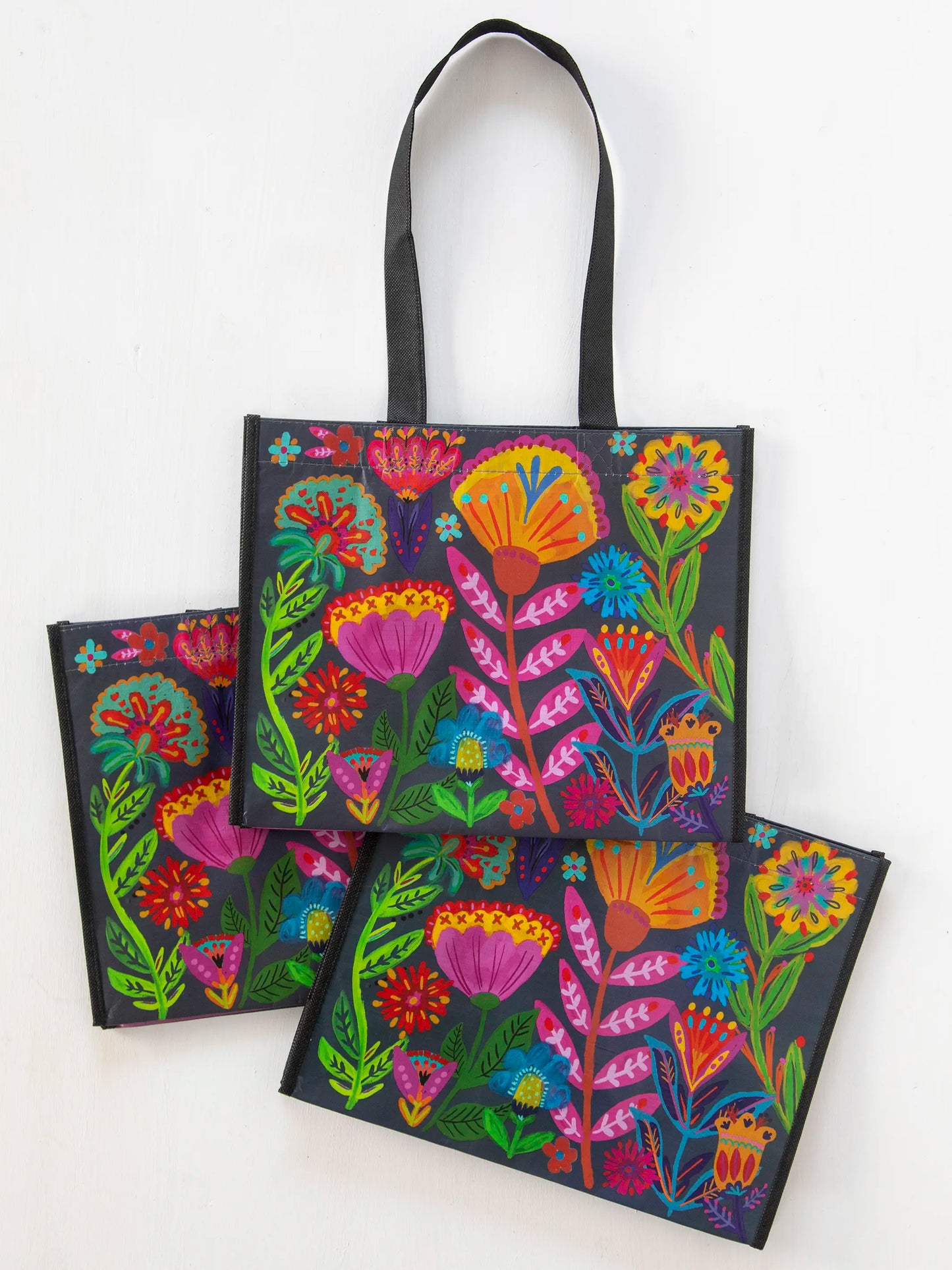 Large Happy Bag, Set of 3 - Navy Folk Flower