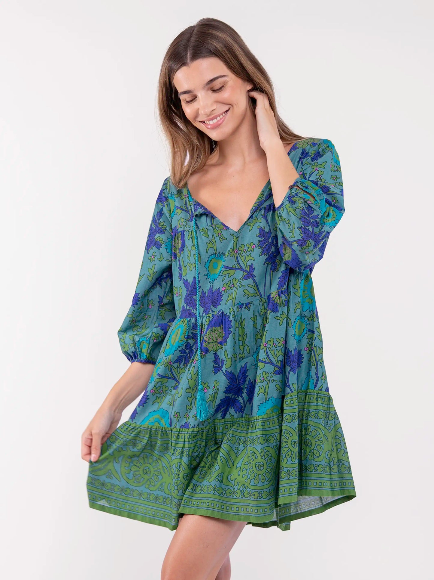 Auguste Cotton Mini Dress - Teal Leafy Floral