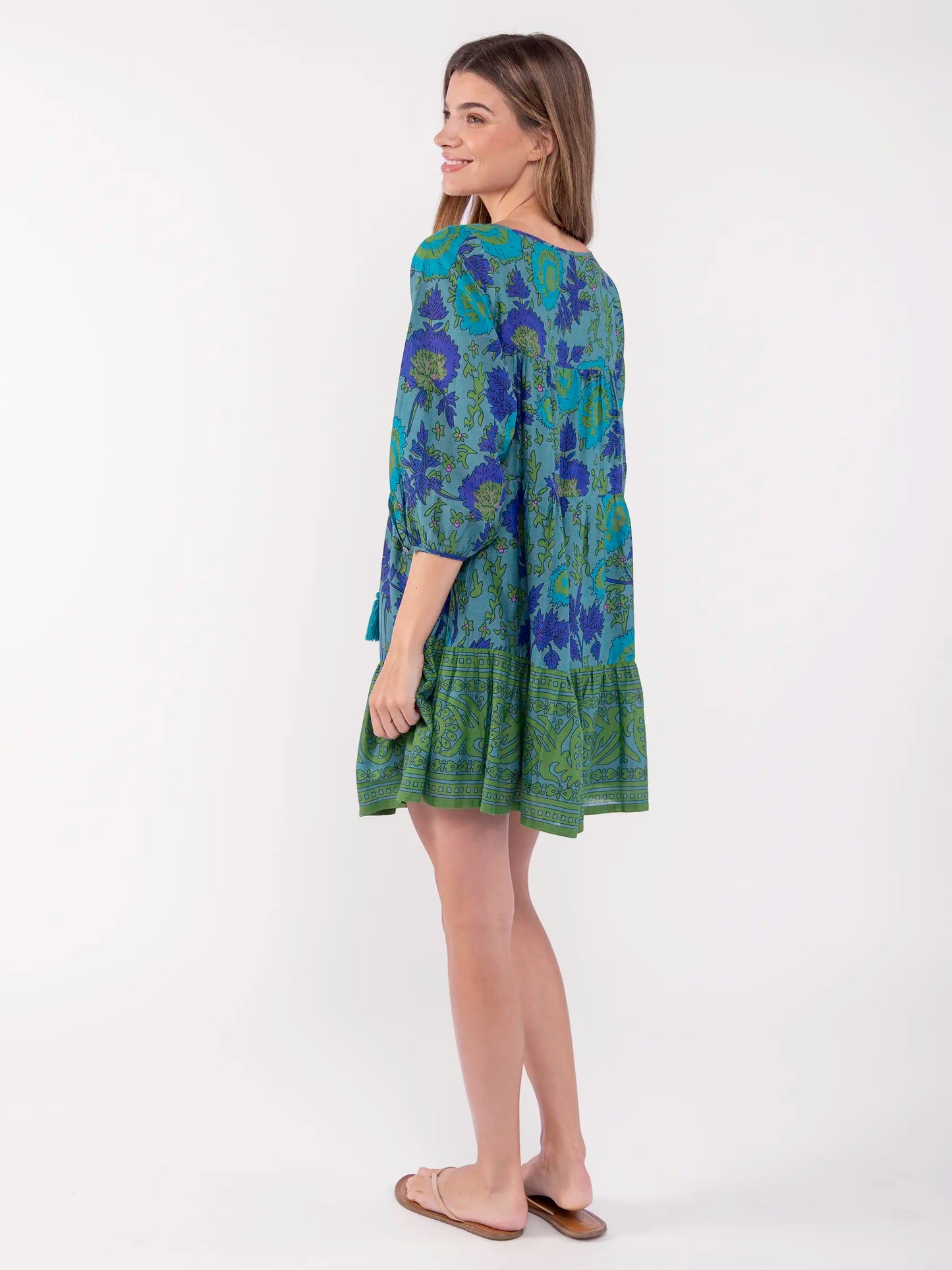 Auguste Cotton Mini Dress - Teal Leafy Floral