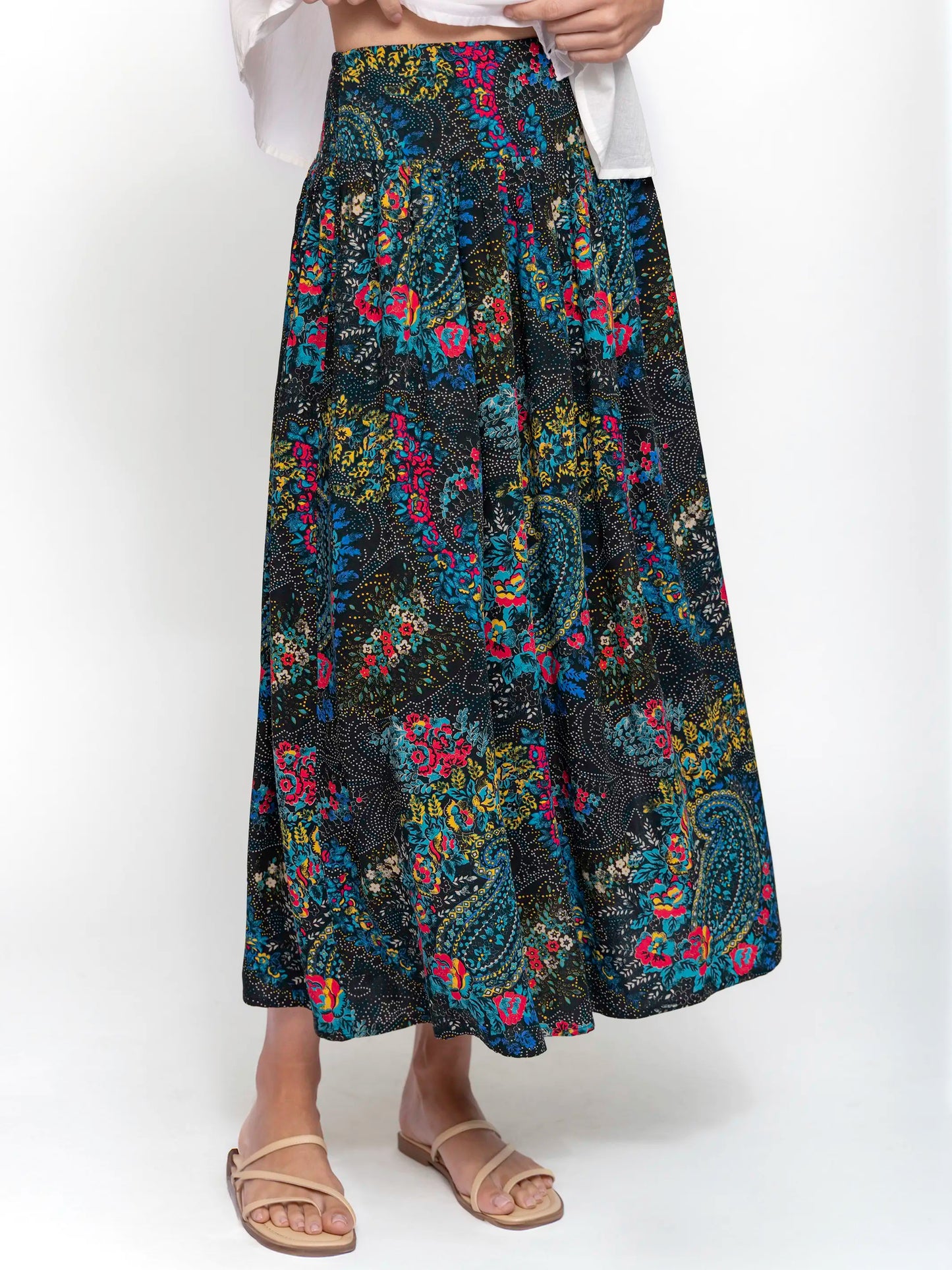 Addie Midi Skirt - Black Stippled Paisley